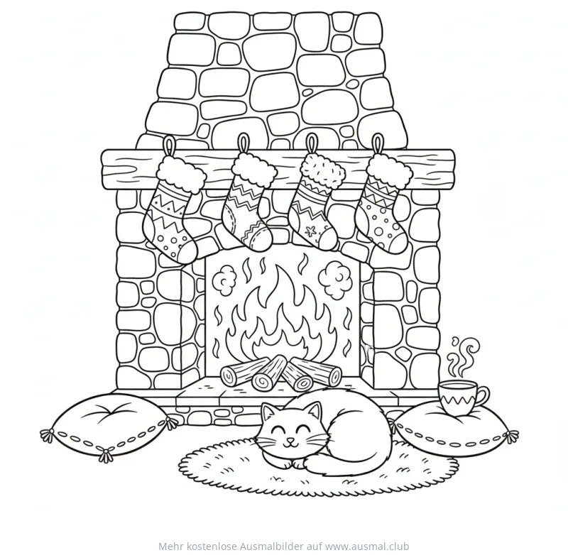 Nikolaus Ausmalbild: Kamin mit Stiefeln und schlafender Katze