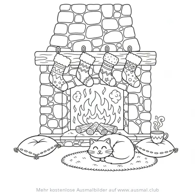 Nikolaus Ausmalbild: Kamin mit Stiefeln und schlafender Katze