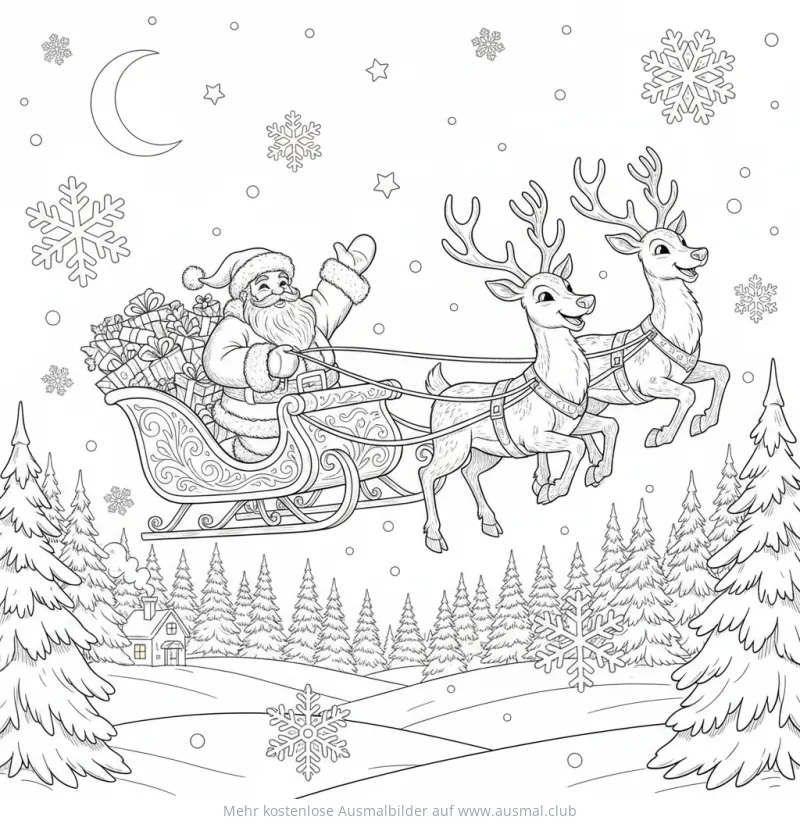 Nikolaus im Schlitten mit Rentieren Ausmalbild