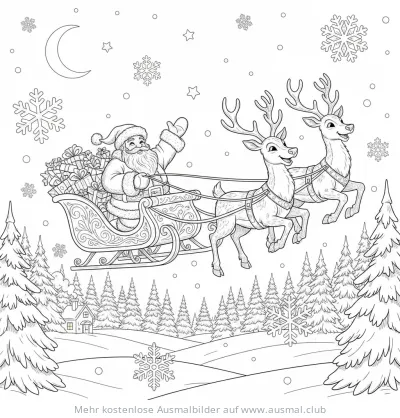 Nikolaus im Schlitten mit Rentieren Ausmalbild