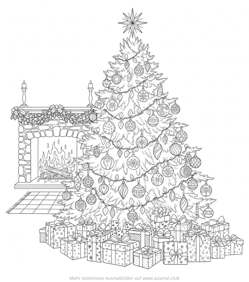 Geschmückter Weihnachtsbaum mit Geschenken und Kamin Ausmalbild