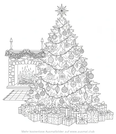 Geschmückter Weihnachtsbaum mit Geschenken und Kamin Ausmalbild