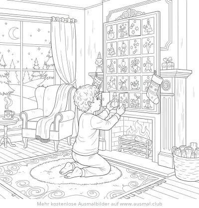 Junge öffnet Adventskalender Ausmalbild am Kamin