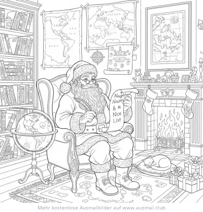 Nikolaus sitzt mit Liste in gemütlichem Zimmer Ausmalbild