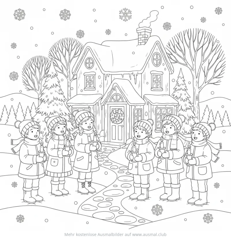 Kinder singen Weihnachtslieder vor verschneitem Haus Ausmalbild