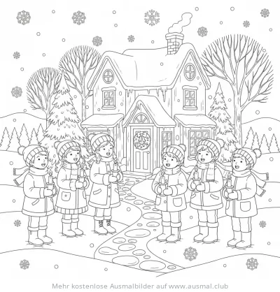 Kinder singen Weihnachtslieder vor verschneitem Haus Ausmalbild