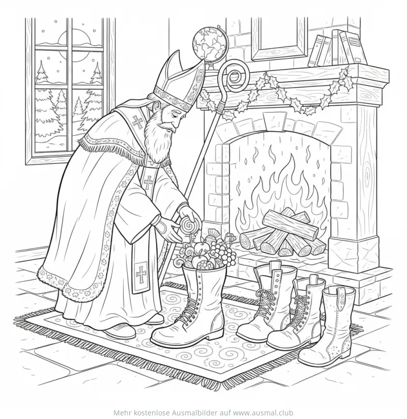Nikolaus füllt Stiefel mit Süßigkeiten Ausmalbild