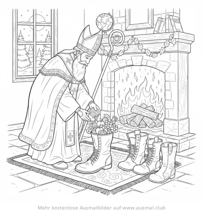 Nikolaus füllt Stiefel mit Süßigkeiten Ausmalbild