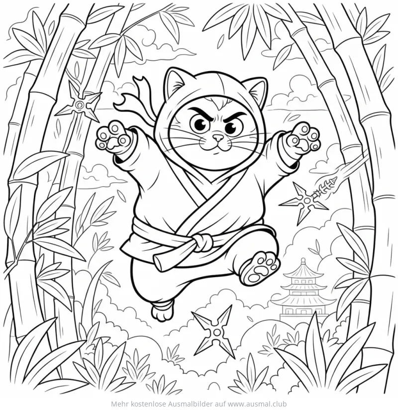 Ninja Katze im Bambuswald mit Wurfsternen Ausmalbild