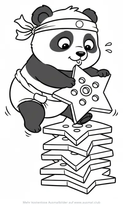 Panda als Ninja balanciert auf einem Stapel Ninja-Sterne Ausmalbild