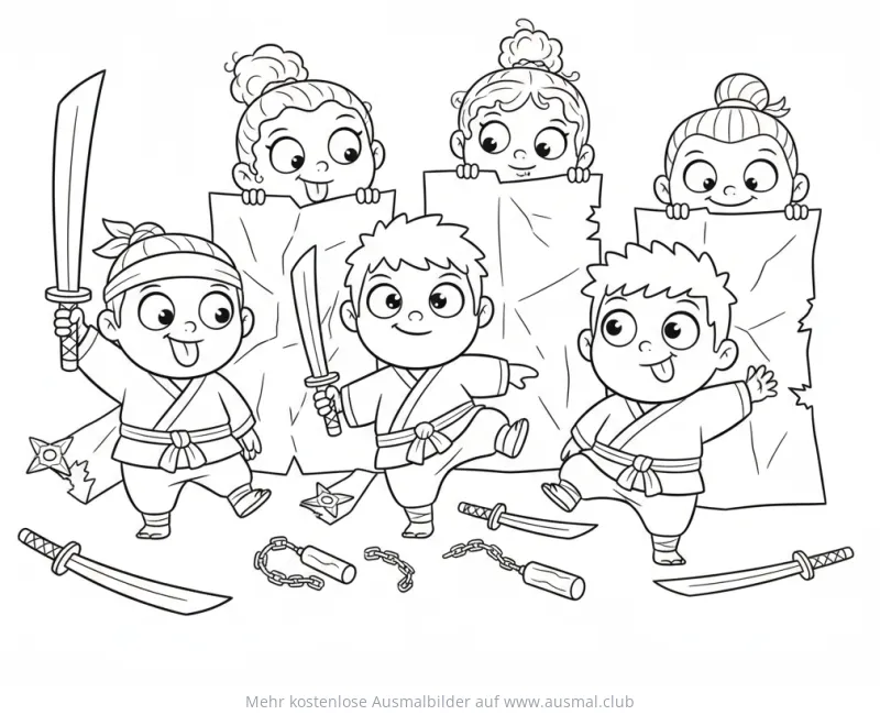 Ninja Kinder mit Schwertern und Nunchakus Ausmalbild