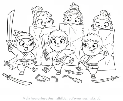 Ninja Kinder mit Schwertern und Nunchakus Ausmalbild