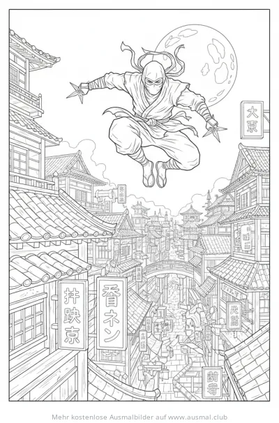 Ninja springt über Dächer in japanischer Stadt Ausmalbild