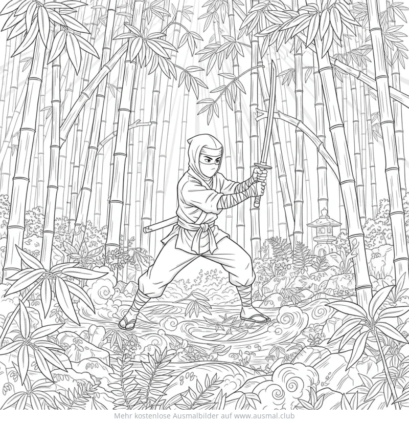 Ninja mit Schwert im Bambuswald Ausmalbild