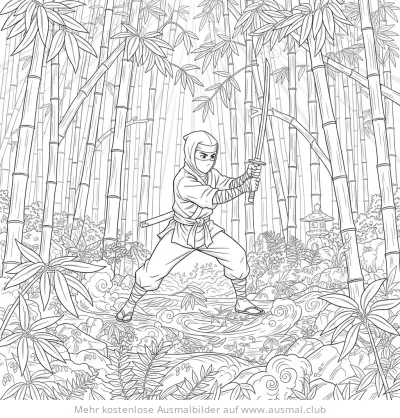 Ninja mit Schwert im Bambuswald Ausmalbild