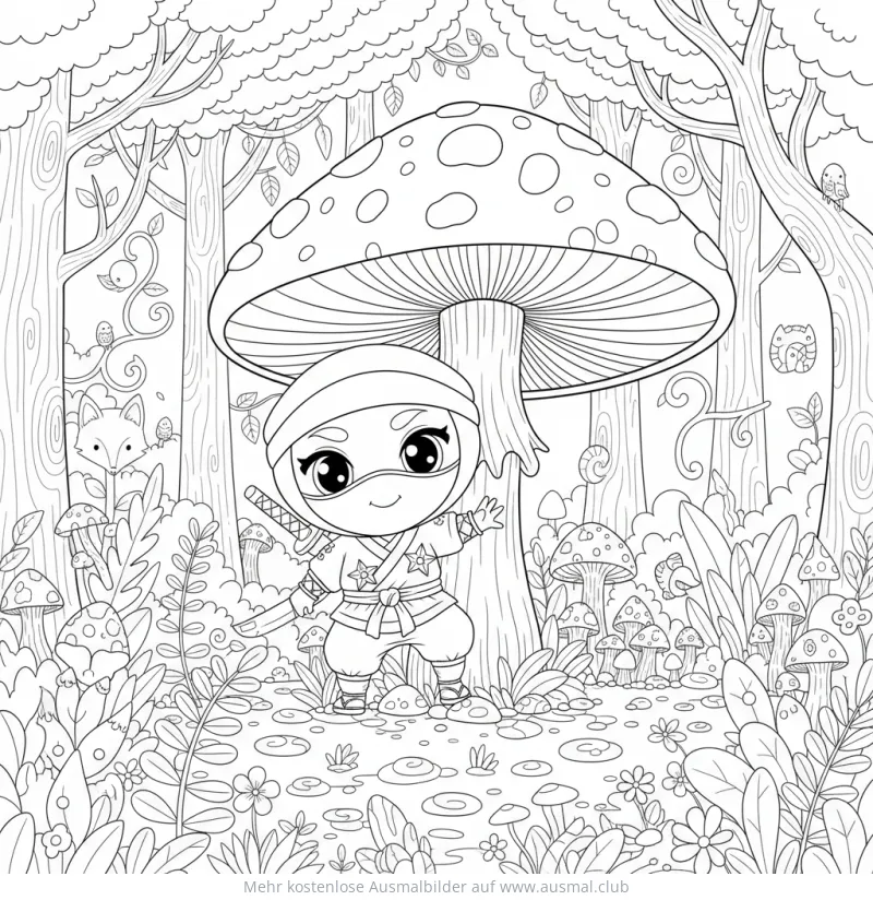 Ninja Chibi Ausmalbild im Wald mit Pilz, Fuchs und Eule