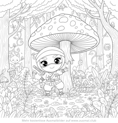 Ninja Chibi Ausmalbild im Wald mit Pilz, Fuchs und Eule