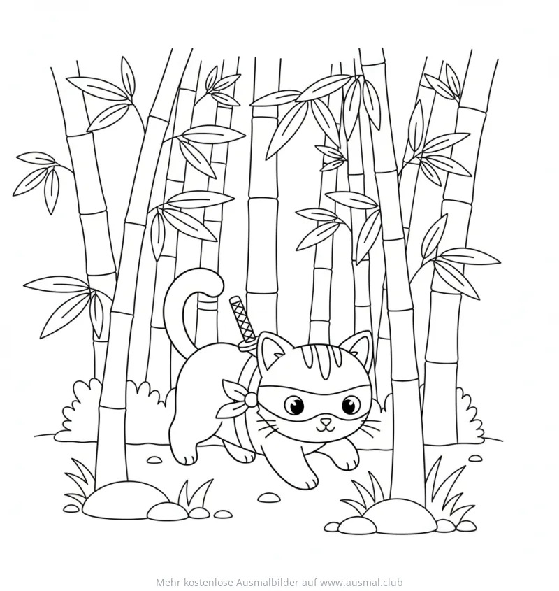 Katze als Ninja im Bambuswald Ausmalbild