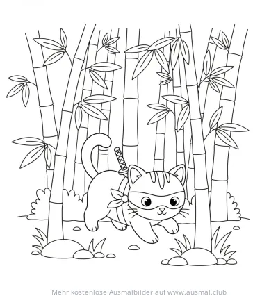 Katze als Ninja im Bambuswald Ausmalbild