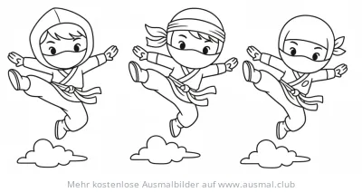 Drei springende Ninja auf Wolken Ausmalbild