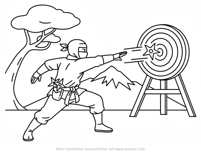 Ninja wirft Stern auf Zielscheibe Ausmalbild