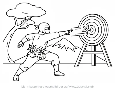 Ninja wirft Stern auf Zielscheibe Ausmalbild