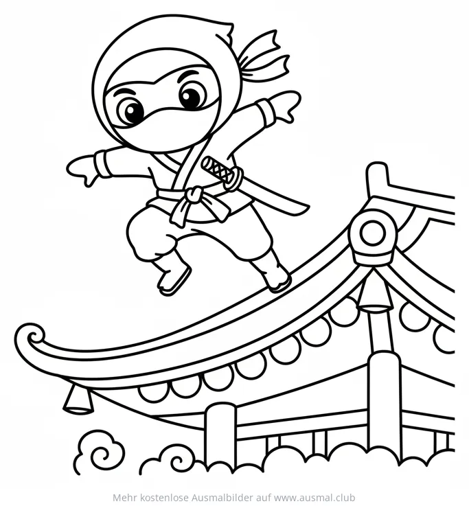 Ninja Ausmalbild springt auf japanischem Dach