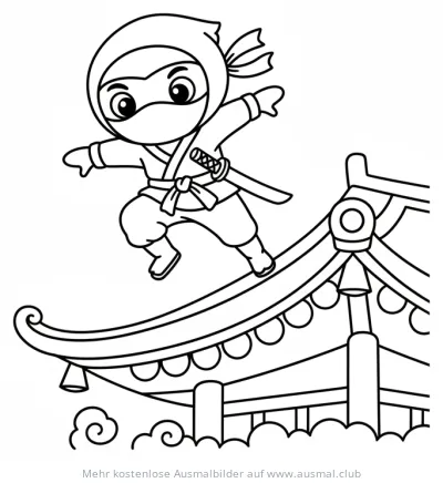 Ninja Ausmalbild springt auf japanischem Dach