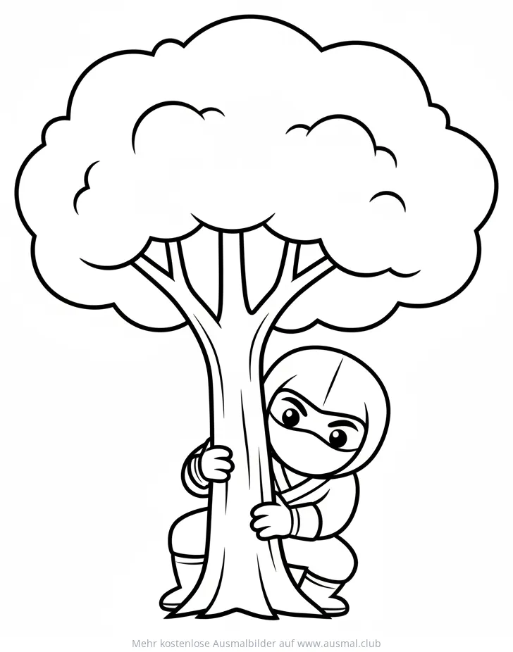 Ninja versteckt sich hinter Baum Ausmalbild