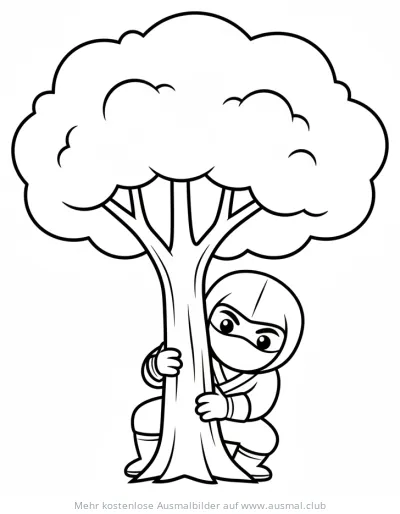 Ninja versteckt sich hinter Baum Ausmalbild