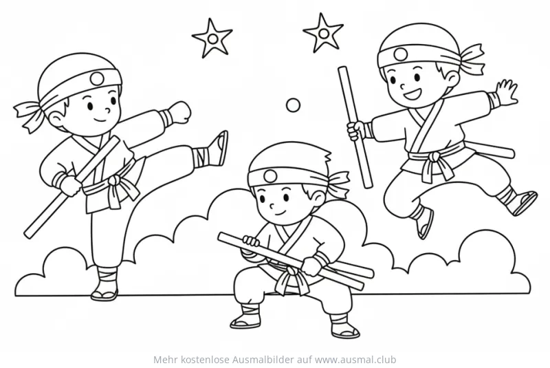 Drei lustige Ninja Kinder mit Schwertern und Stäben Ausmalbild