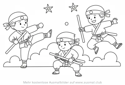 Drei lustige Ninja Kinder mit Schwertern und Stäben Ausmalbild