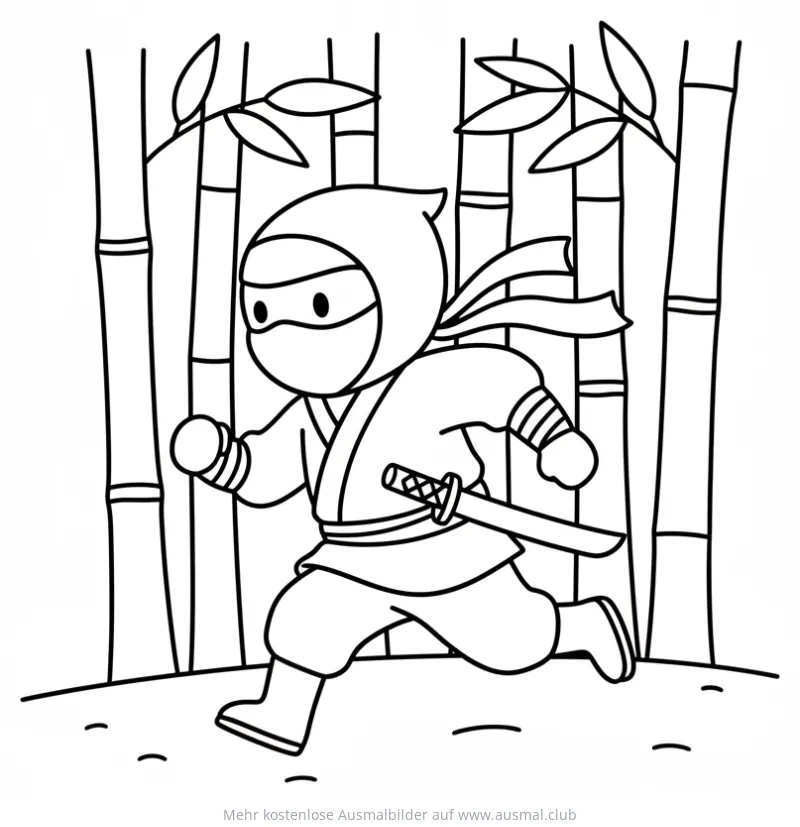 Ninja rennt durch Bambuswald Ausmalbild