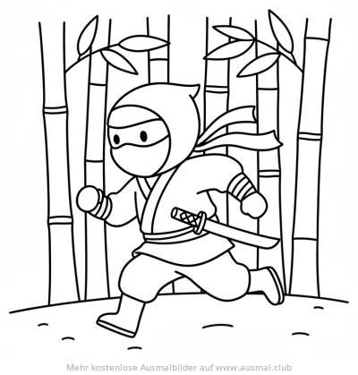 Ninja rennt durch Bambuswald Ausmalbild