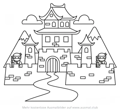 Ninja Burg Ausmalbild mit zwei Ninjas auf der Mauer