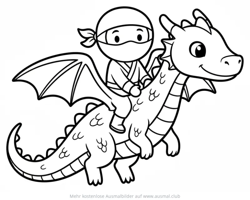 Ninja reitet auf freundlichem Drachen Ausmalbild