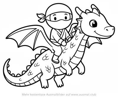 Ninja reitet auf freundlichem Drachen Ausmalbild