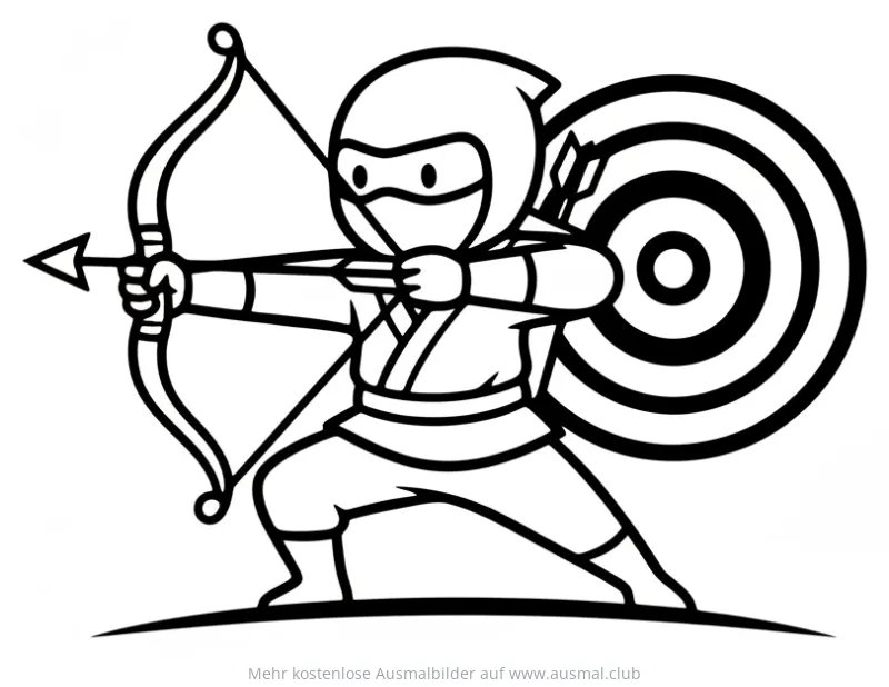Ninja mit Pfeil und Bogen vor Zielscheibe Ausmalbild