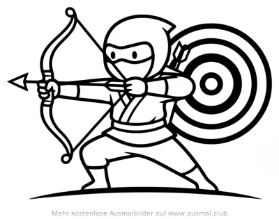 Ninja mit Pfeil und Bogen vor Zielscheibe Ausmalbild