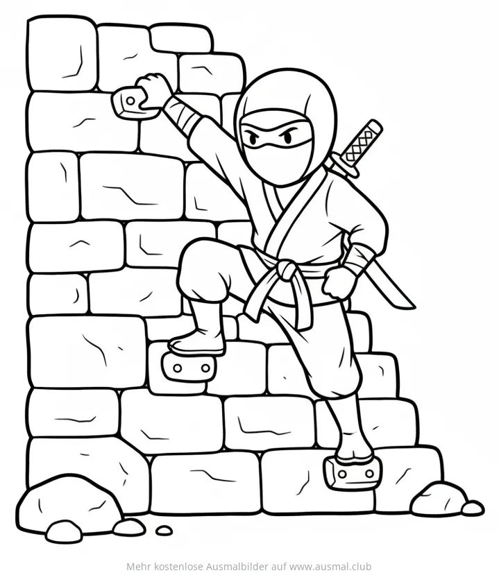 Ninja klettert an einer Steinmauer Ausmalbild