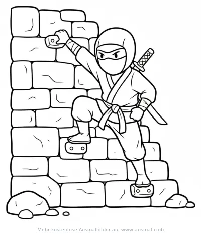 Ninja klettert an einer Steinmauer Ausmalbild