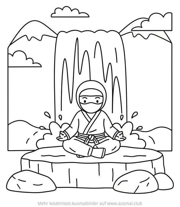 Ninja meditiert vor Wasserfall Ausmalbild