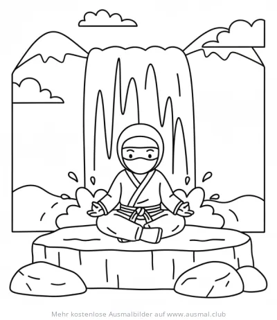 Ninja meditiert vor Wasserfall Ausmalbild