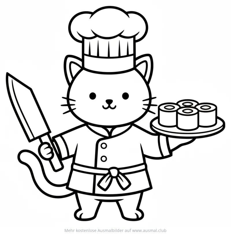 Ninja Katze als Koch mit Sushi Ausmalbild
