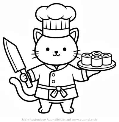 Ninja Katze als Koch mit Sushi Ausmalbild