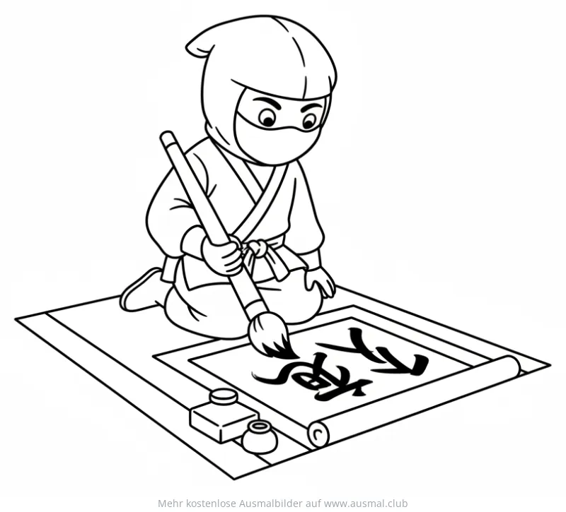 Ninja malt Kalligraphie Ausmalbild