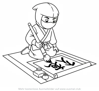 Ninja malt Kalligraphie Ausmalbild
