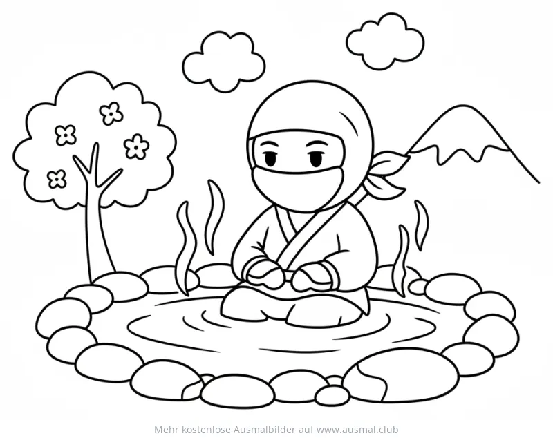 Ninja im warmen Bad mit Baum und Berg Ausmalbild