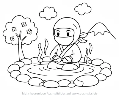 Ninja im warmen Bad mit Baum und Berg Ausmalbild