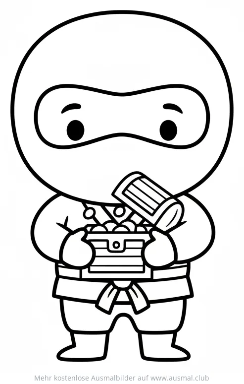 Ninja hält Schatzkiste Ausmalbild